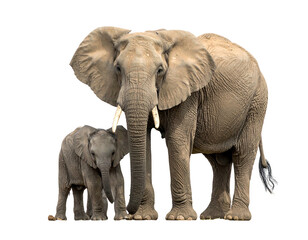 Obraz premium Two elephants, a large adult and a smaller juvenile, stand against a black background with neutral expressions