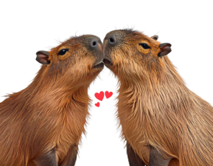 Two brown rodents gently nuzzling, with small red hearts floating in between them on a black background