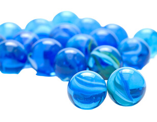 Translucent blue glass marbles with swirling patterns against black, creating a captivating, textured background