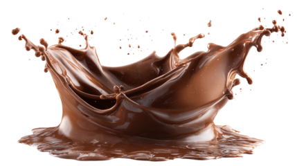 The image shows a splash of liquid chocolate captured in motion. The rich, glossy brown chocolate appears to be swirling and splattering, creating a dynamic and appetizing visual effect. It conveys a 