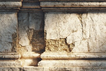 Fototapeta premium A weathered stone facade, exhibiting deep cracks and varied textures, showcases the passage of time.