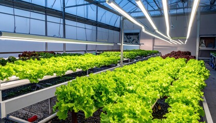 Ventilator and special LED lights belts above lettuce in aquaponics system combining fish aquaculture with hydroponics,