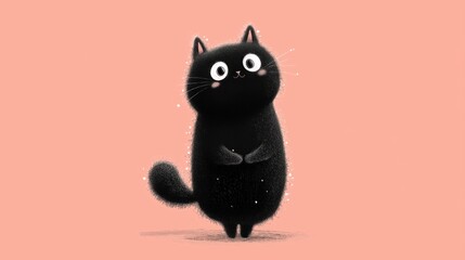 A Cute and Playful Black Cat with Expressive Eyes Standing on Its Hind Legs Against a Soft Pink Background, Exuding Charm and Whimsy in Every Detail