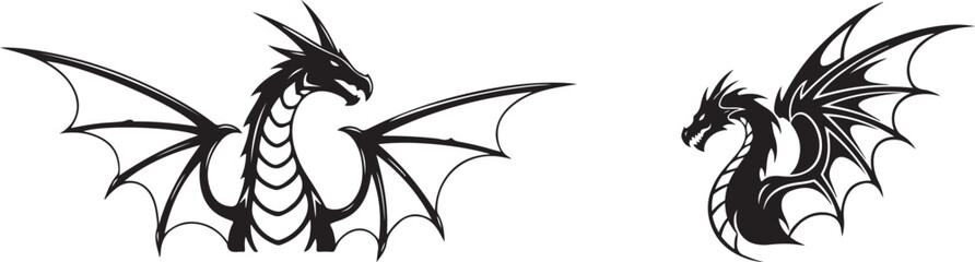 Black Fantasy Dragon Vector Illustrations on White Background