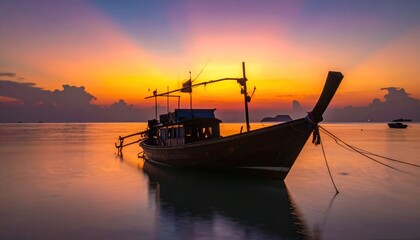 Wooden fishery boat floting on the sea with sunset time low lighting and dark shadow.