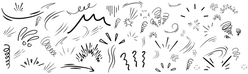 Line hand drawn brush marker underline, highlight, star element set.  Vector illustration. 
