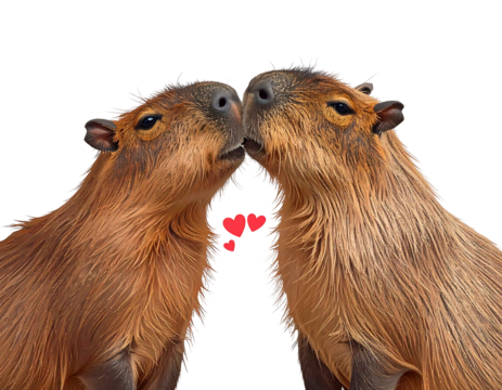 Two brown rodents gently nuzzling, with small red hearts floating in between them on a black background
