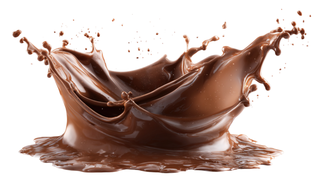 The image shows a splash of liquid chocolate captured in motion. The rich, glossy brown chocolate appears to be swirling and splattering, creating a dynamic and appetizing visual effect. It conveys a 