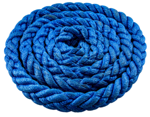 Tightly coiled blue rope spiral, centered, with texture against a black background creates a striking, graphic composition