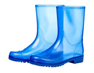 Translucent, blue rubber rain boots sit side by side. Sole has good tread
