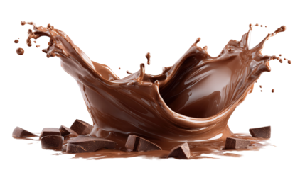 The image shows a splash of liquid chocolate captured in motion. The rich, glossy brown chocolate appears to be swirling and splattering, creating a dynamic and appetizing visual effect. It conveys a 