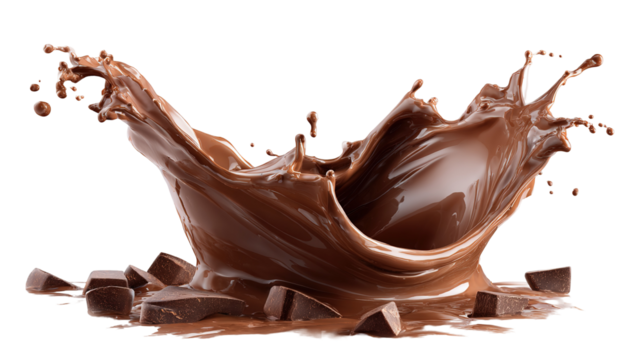 The image shows a splash of liquid chocolate captured in motion. The rich, glossy brown chocolate appears to be swirling and splattering, creating a dynamic and appetizing visual effect. It conveys a 