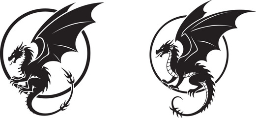 Pair of Black Dragon Silhouettes within Circular Frames Vector Art