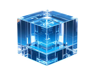 Translucent cube with complex inner blue structure, suspended in air against a dark background