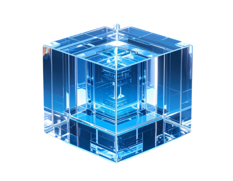 Translucent cube with complex inner blue structure, suspended in air against a dark background