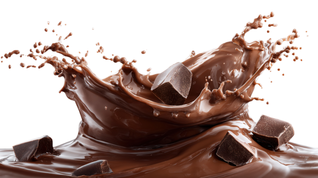 The image shows a splash of liquid chocolate captured in motion. The rich, glossy brown chocolate appears to be swirling and splattering, creating a dynamic and appetizing visual effect. It conveys a 
