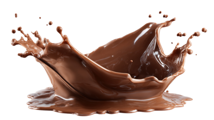 The image shows a splash of liquid chocolate captured in motion. The rich, glossy brown chocolate appears to be swirling and splattering, creating a dynamic and appetizing visual effect. It conveys a 
