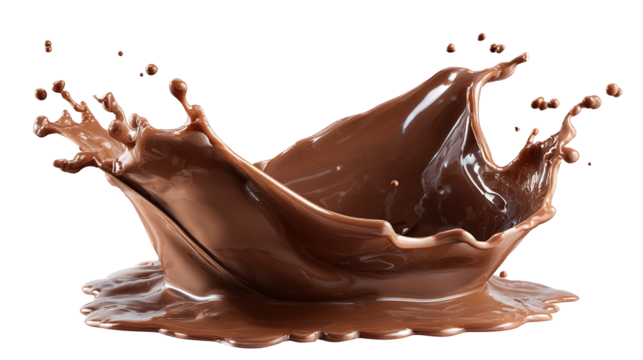 The image shows a splash of liquid chocolate captured in motion. The rich, glossy brown chocolate appears to be swirling and splattering, creating a dynamic and appetizing visual effect. It conveys a 