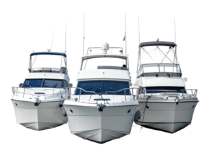 Three pristine white yachts aligned, facing forward against a stark black backdrop, showcasing maritime elegance