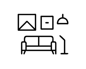 Black and white line art of living room furniture