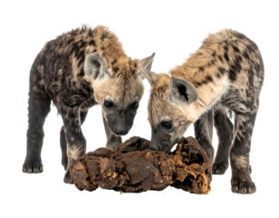 Two young hyenas curiously inspect and sniff at a dark, textured mass on a black background