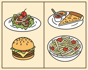 Food collage with burger, salad, pizza, and pasta on a beige background