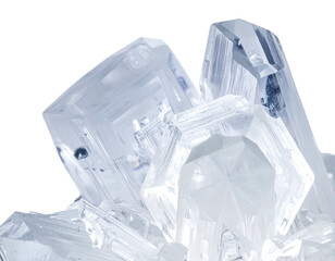 Translucent ice-like crystals are clustered, revealing complex inner structures and sharp edges against a dark background