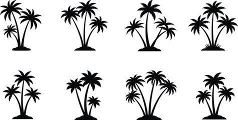 Tropical palm tree silhouette collection, black and white island illustration, beach nature design, exotic summer plant art, vacation tropical landscape graphic