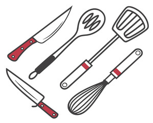 Kitchen utensils set with knife, spoon, spatula, and whisk