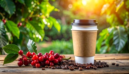 Coffee cup mockup with roasted beans and Coffea arabica branch with red cherries. Cafe, branding, and organic coffee concept.