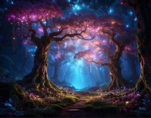 Enchanted forest with glowing trees, magical ambiance, and a path