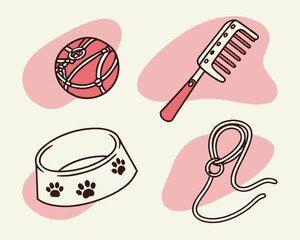 Pet accessories including a ball, comb, bowl, and leash on