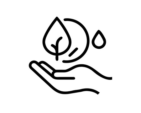 Line art illustration of hand holding a plant with water drop isolated on white