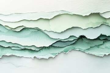 Obraz premium Layered torn paper pieces create a textured landscape of soft, muted greens and whites.