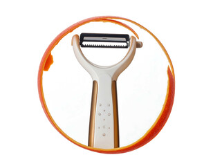 Vegetable peeler with a continuous orange peel ring on white, sharp blade, modern design, preparing food