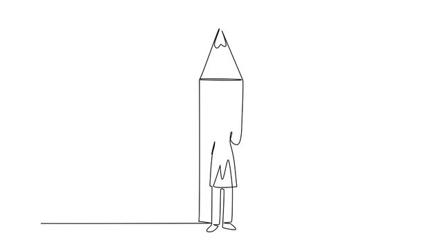 Animated self drawing of continuous one line drawing Arab woman stands in front of bottom end of pencil with a gesture. Creating iconic and new ideas. National Creativity Day. Full length animation