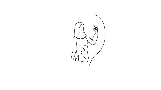 Animation of single one line drawing Arabian woman with gestures got an idea in lightbulb. Deep thought gets very creative ideas. Natural code. National Creativity Day. Full length motion