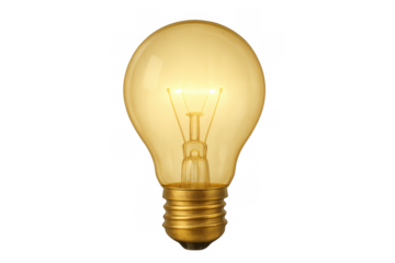 Brightly glowing incandescent light bulb, representing ideas, innovation, energy, and electricity, on a transparent background