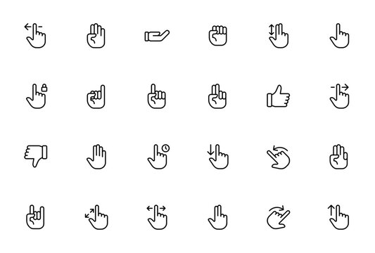 Hand and Gesture icon set. Vector gesture collection Includes symbols for swip, click, cursor, like, disike, hand gesture and more Editable stroke line.