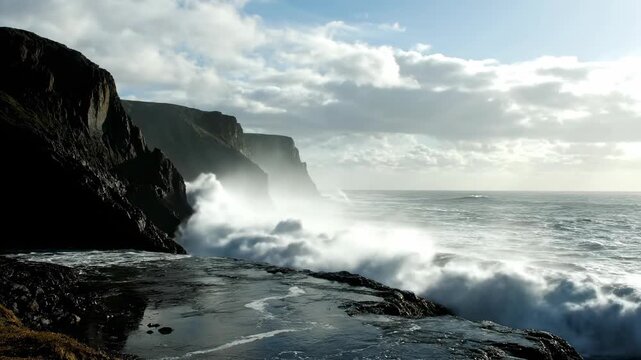 Powerful ocean waves continuously crashing against a rugged coastal range with the tide slowly receding sky, beach, maritime