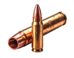 Two cartridges, one standing upright, the other laying down, both copper and brass colored, against a black background