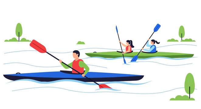 Three people kayak in colorful boats through a stylized river landscape with minimalist trees