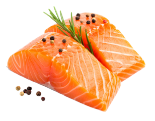 Two fresh, raw salmon fillets adorned with rosemary sprigs and peppercorns, against a black backdrop
