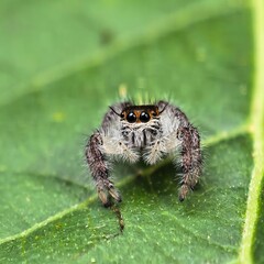 Fluffy spider resting on a green leaf