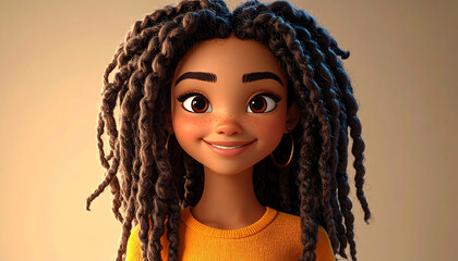 A beautifully rendered 3D animated portrait of a smiling young Black woman with long, textured dreadlocks.