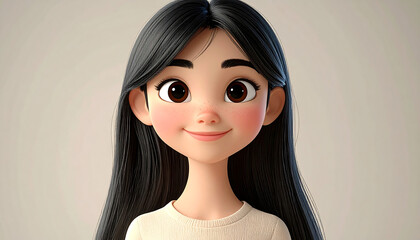 A beautiful 3D animated portrait of a young woman with long black hair and a gentle, friendly smile.