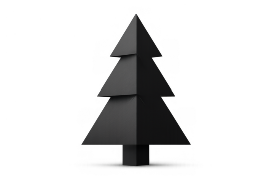 Black minimalist christmas tree design. Modern geometric holiday decoration concept with abstract shapes, transparent background