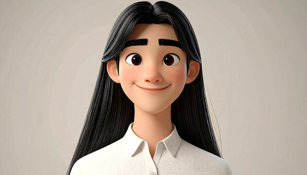 A close-up 3D portrait of a friendly animated character with long black hair smiling.