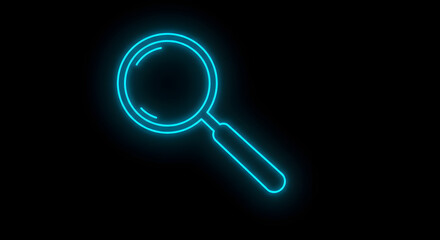 Glowing blue neon magnifying glass search icon.
