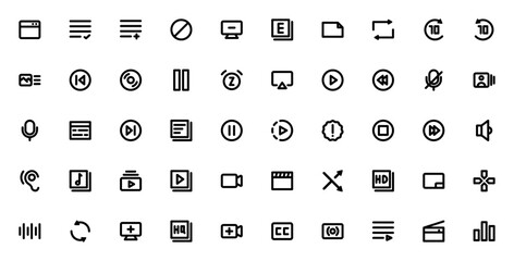 Essential User Interface icon set. Minimal line UI ions pack. Includes symbolsfor play, pause, volume, vdeo, user, library, warnin, and more. Editable vecto illustration.